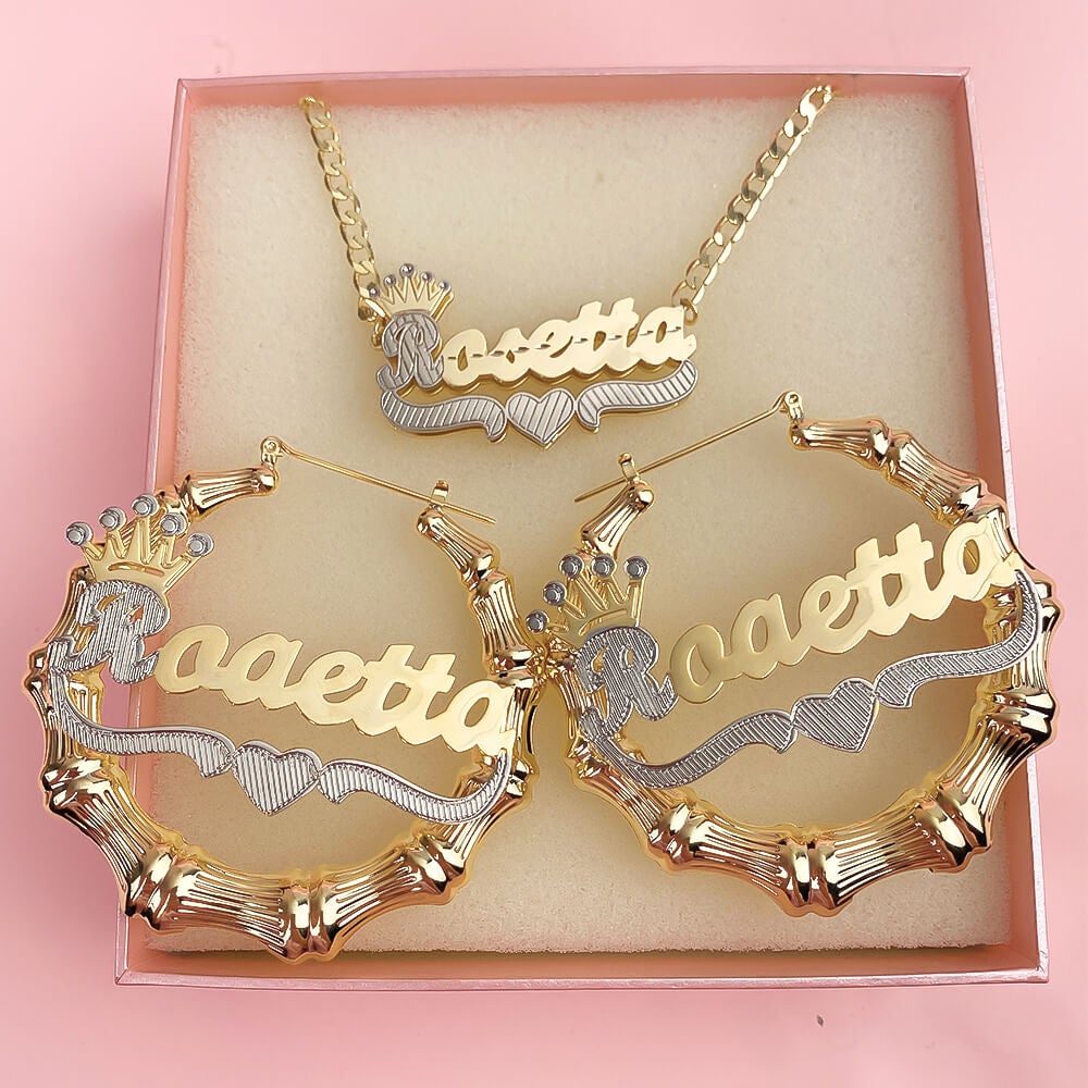 Crown Two Tone Personalized Custom Gold Plated Name Bamboo Hoop Earrings And Double Layer Name Necklace Set-silviax