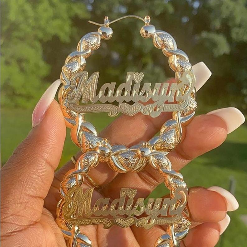 XOXO Bamboo Earrings with Heart Personalized Custom Gold Plated Name Earrings-silviax