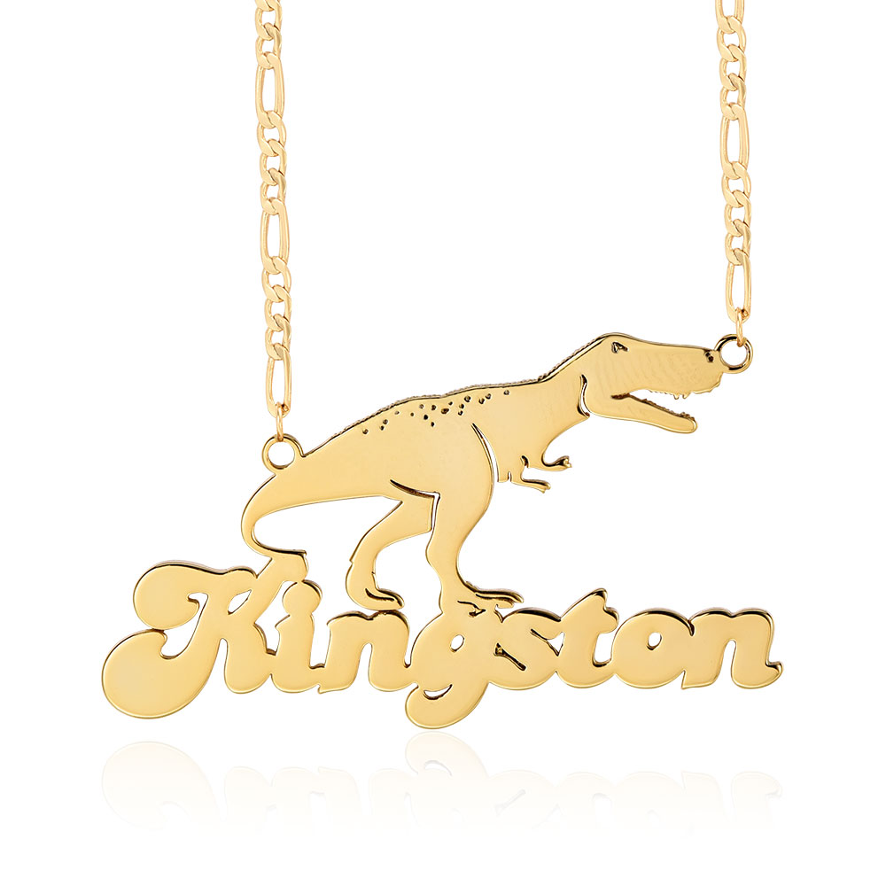 Dinosaur Nameplate Pendant Personalized Custom Gold Plated Name Necklace