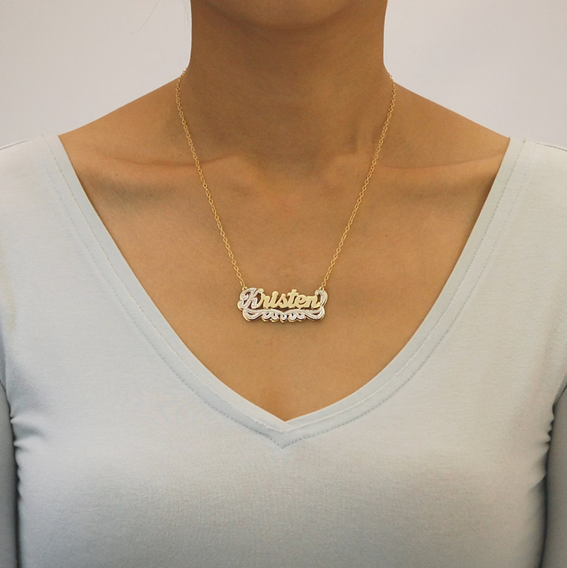 Two Tone Double Layer Personalized Custom Gold Plated  Name Necklace with Heart
