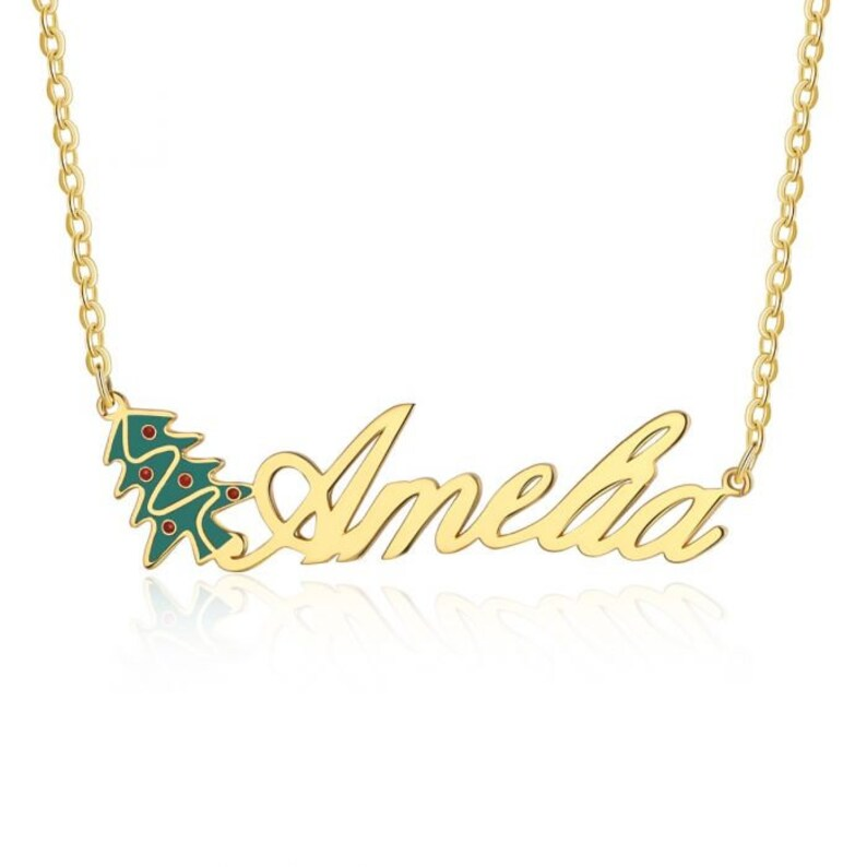 Christmas Tree Nameplate Gold Plated Personalized Custom Name Necklace