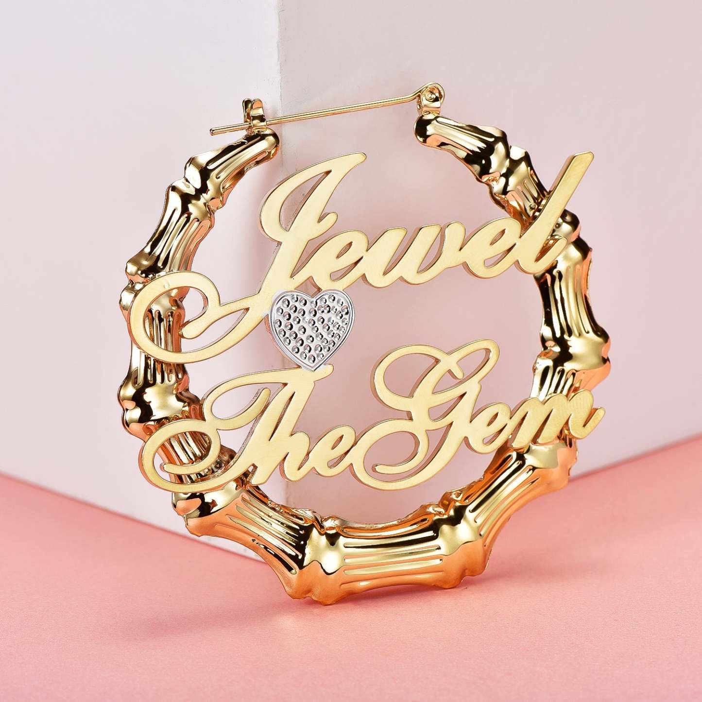 Heart Two Tone Two Names Bamboo Gold Plated Earrings-silviax