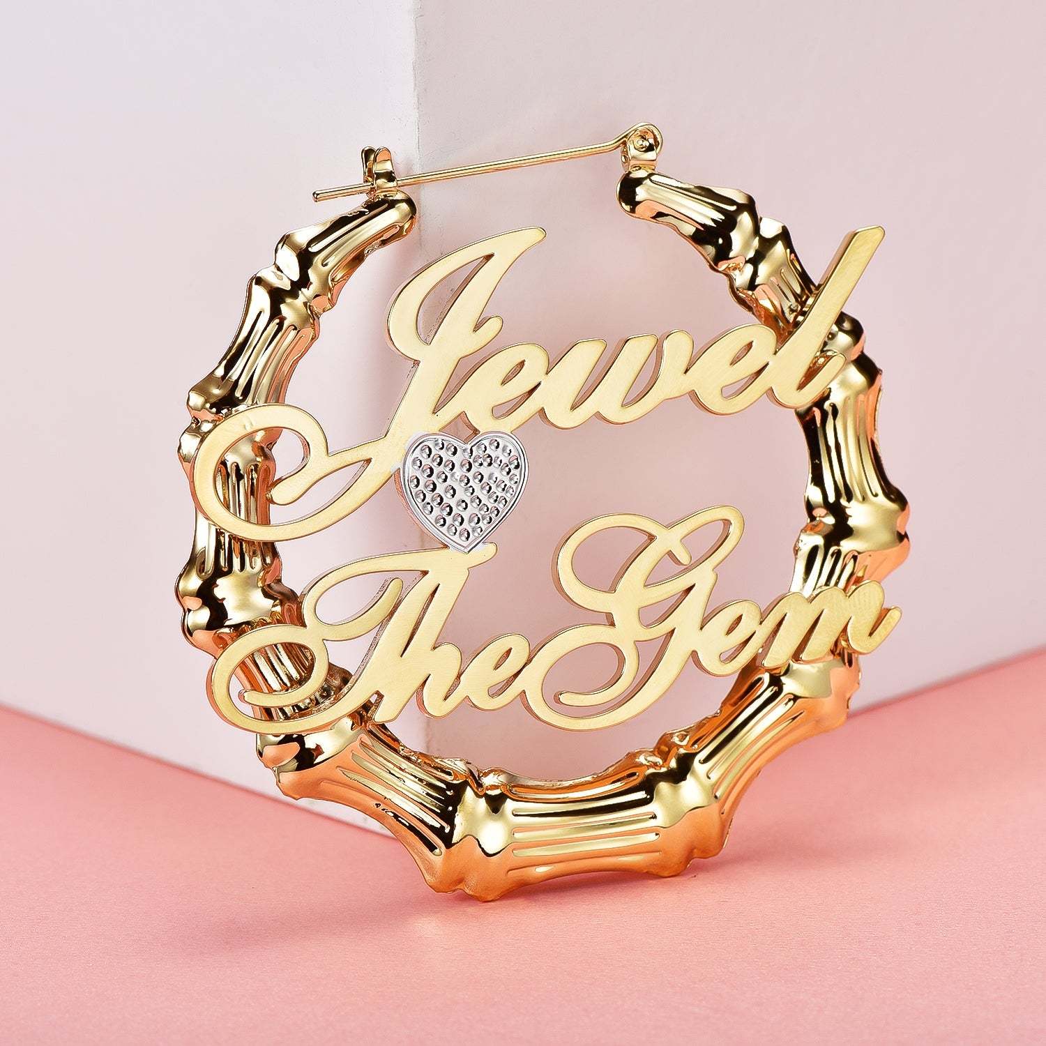 Heart Two Tone Two Names Bamboo Gold Plated Earrings-silviax