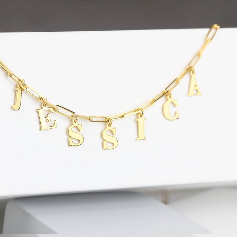 Paperclip Chain Hanging Capital Letter Personalized Custom Gold Plated Name Necklace-silviax