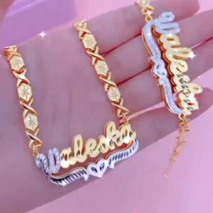 Double Layer Two Tone Heart with XOXO Chain Personalized Custom Necklace And Bracelet Set