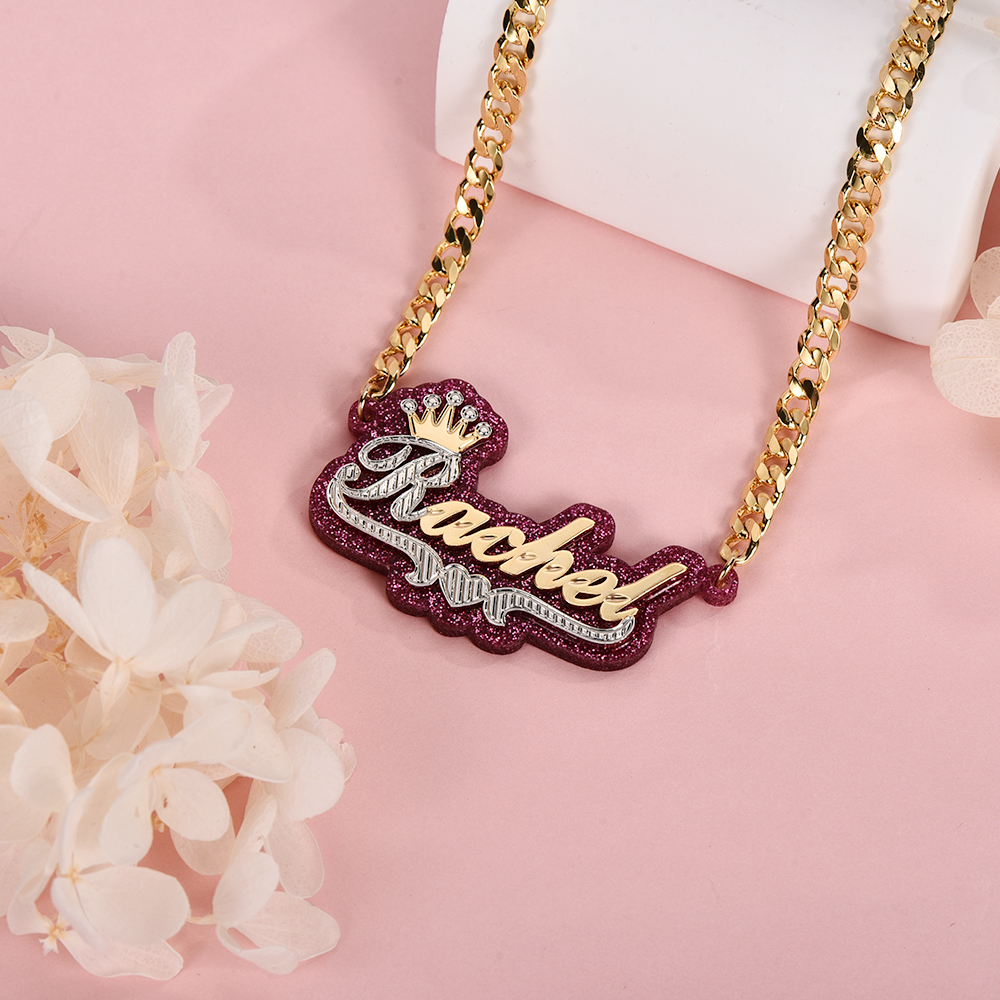 Purple Acrylic Personalized Gold Plated Two Tone Crown Name Necklace-silviax