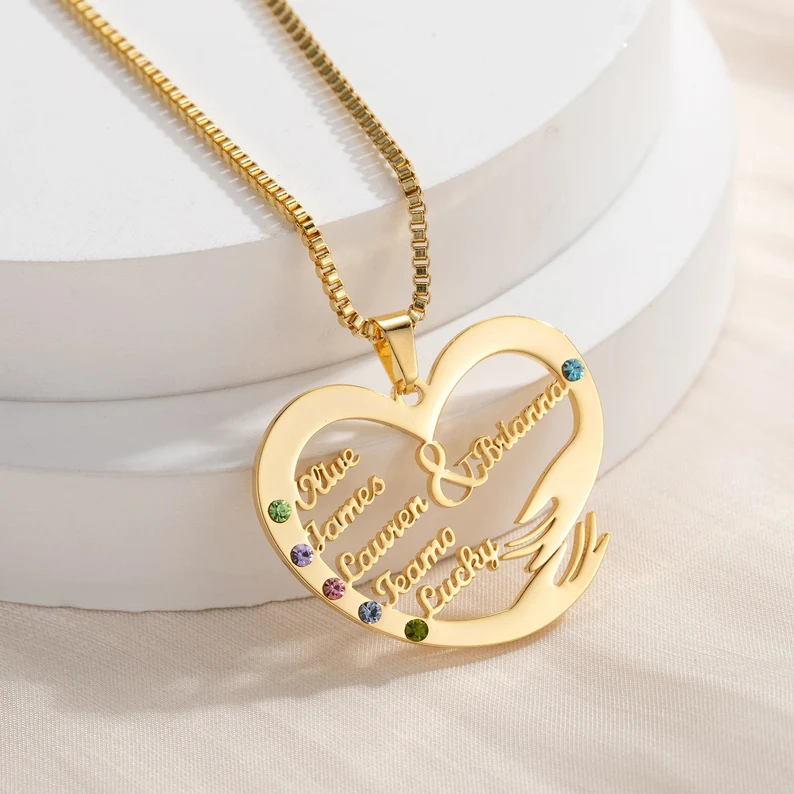 Heart Shaped Multiple Names and Birthstones Gold Plated Name Necklace Family Gift 