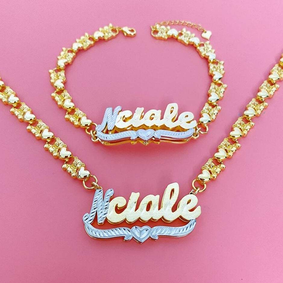 Double Layer Two Tone Teddy Bear XOXO Chain with Heart Personalized Custom Gold Plated Name Necklace and Bracelet Set-silviax