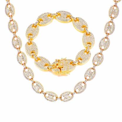 13mm Pig Nose Link Chain Gold Plated Necklace and Bracelet Set-silviax