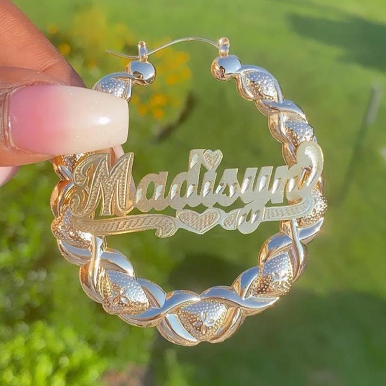 XOXO Bamboo Earrings with Heart Personalized Custom Gold Plated Name Earrings-silviax