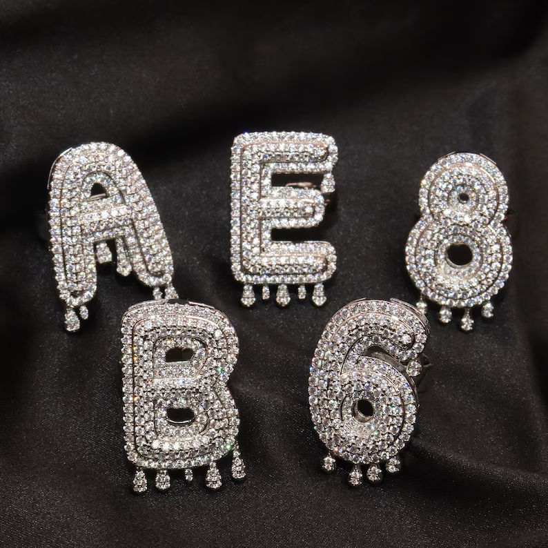 Drip Letter Number Personalized Custom White Gold Initial Ring Hip Hop Style-silviax