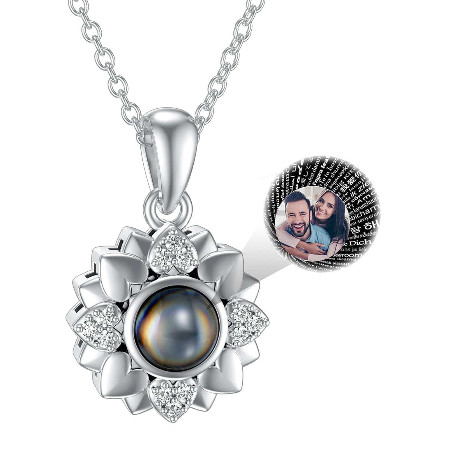 100 Languages "I Love You" With Color Photo Projection Flower Pendant Necklace Personalized Custom White Gold Photo Necklace-silviax