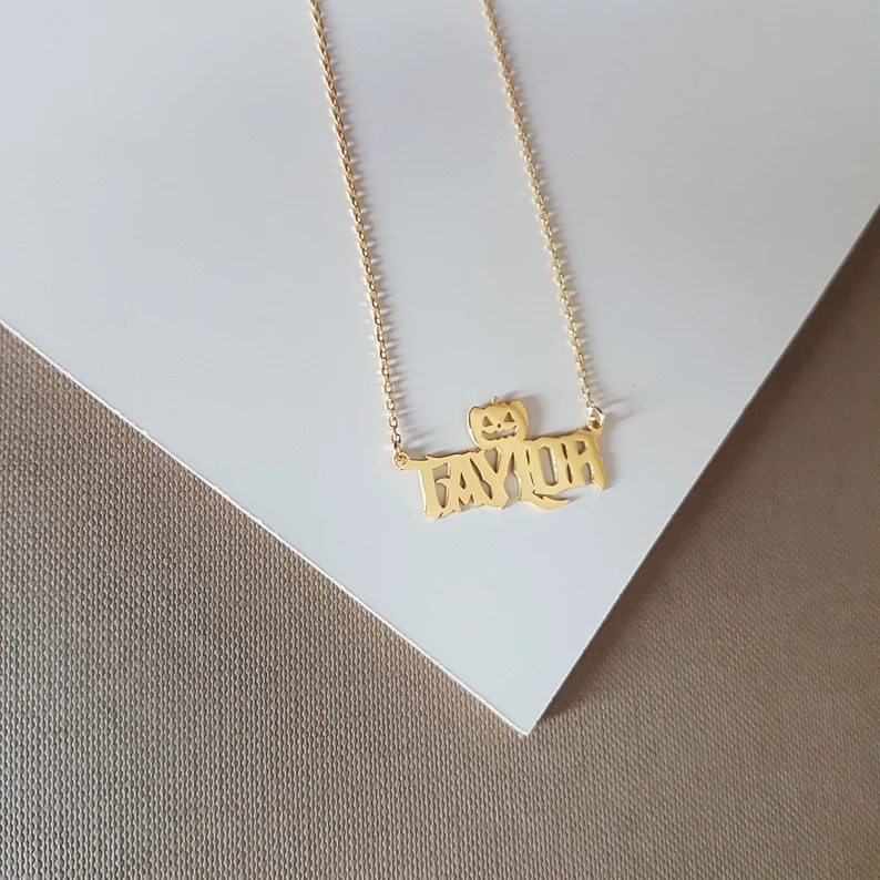 Halloween Personalized Custom Gold Plated Pumpkin Name Necklace