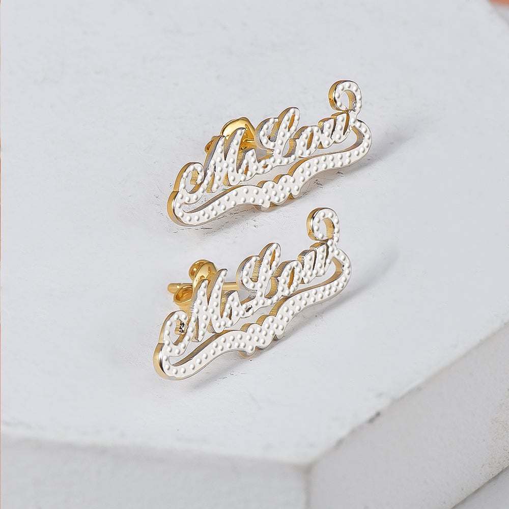 Two Tone Heart Personalized Custom Name Stud Earrings Ring Set-silviax