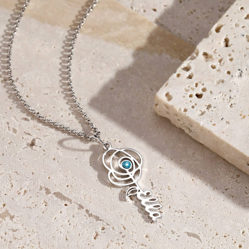 Flower Vertical Pendant With Birthstone Personalized Custom Name Necklace Mother Gift-silviax