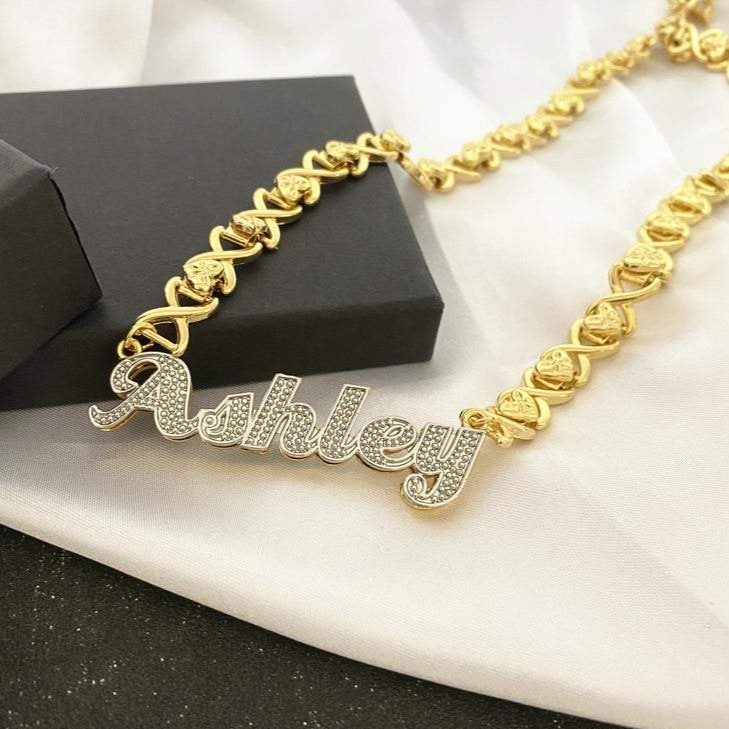 Double Layer Two Tone Nameplate Personalized Custom Gold Plated Name Necklace with XOXO Chain-silviax