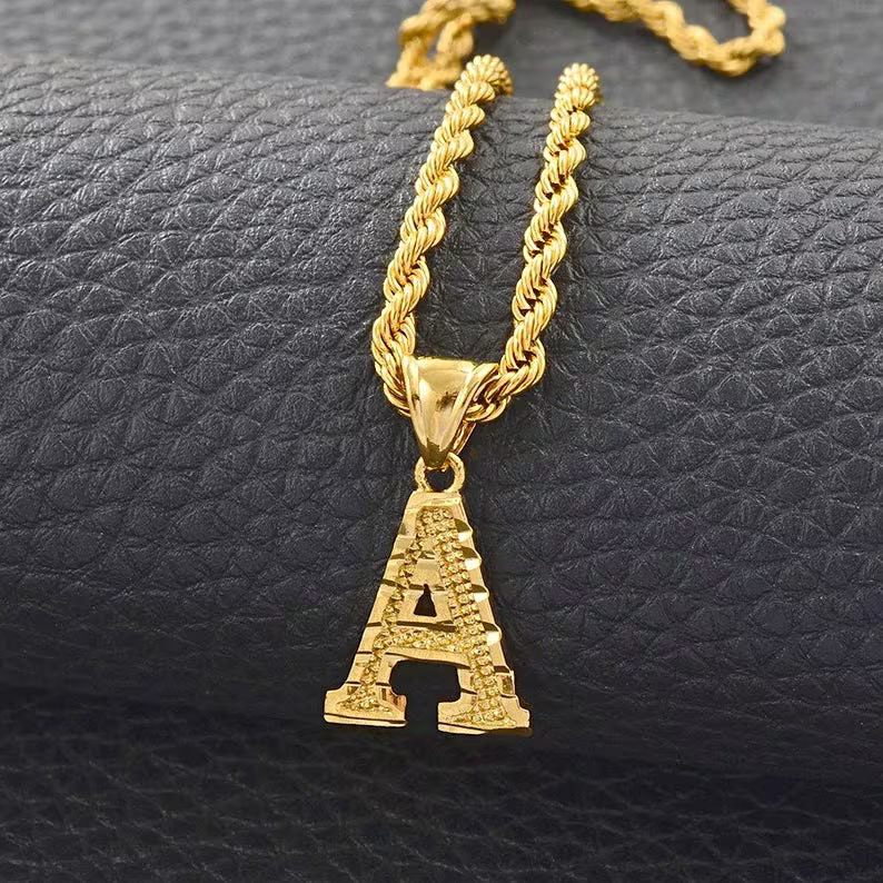 Personalized Custom Gold Plated Diamond Cut Capital Letter Pendant Intial Necklace-silviax