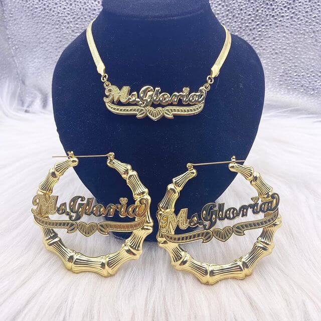 Double Layer Heart Nameplate with Herringbone Snake Chain Name Necklace And Bamboo Earrings Set-silviax