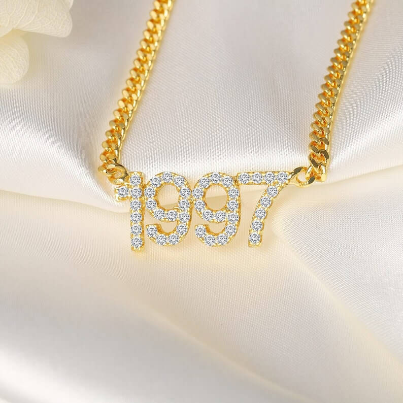 Birth Year Inlaid Zircon Nameplate Pendant Personalized Custom Gold Plated Number Necklace-silviax