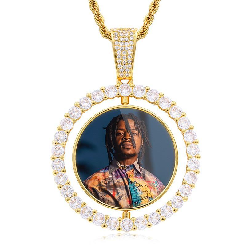 Rotating Double-Sided Round Pendant Gold Plated Personalized Photo Necklace-silviax