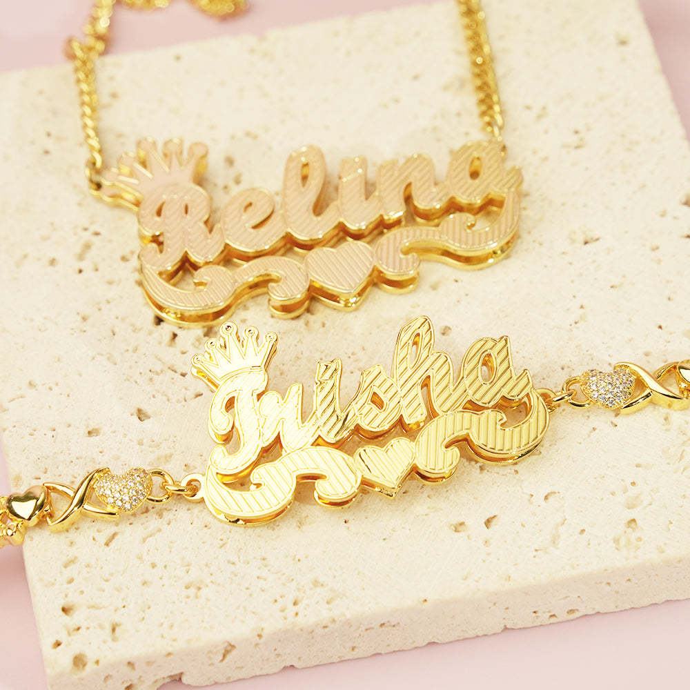 Teddy XOXO Chain Crown Heart Name Bracelet and Double Layer Crown Heart Name Necklace Personalized Custom Gold Plated Set-silviax