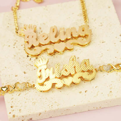 Teddy XOXO Chain Crown Heart Name Bracelet and Double Layer Crown Heart Name Necklace Personalized Custom Gold Plated Set-silviax