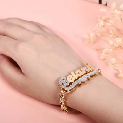 Double Layer Two Tone with Teddy Bear Heart XOXO Chain Personalized Custom Gold Plated Name Bracelet-silviax