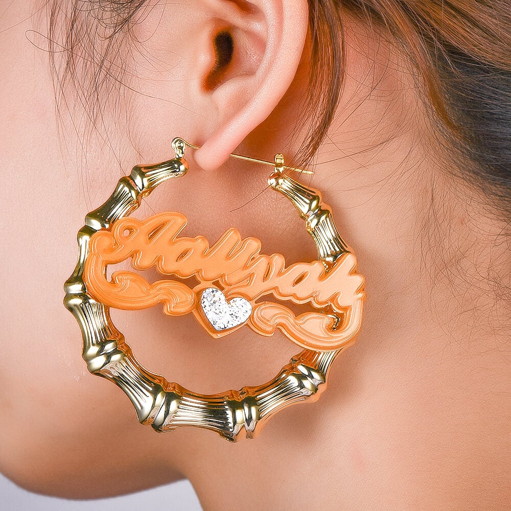 Double Layer Acrylic Love Heart Personalized Custom Bamboo Name Earrings-silviax