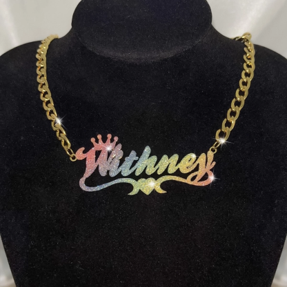 Personalized Cuban Chain Colorful Crown Name Necklace with Heart-silviax