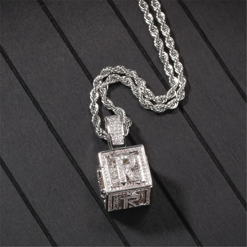 Hip Hop Box Letter Personalized Custom Cubic Zircon Initial Name Necklace-silviax