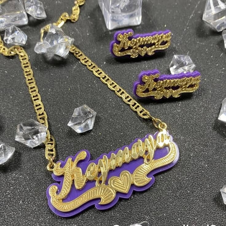 Purple Acrylic with Heart Double Layer Personalized Custom Gold Plated Name Necklace And Name Stud Earring Set-silviax