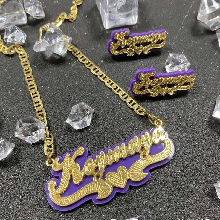 Purple Acrylic with Heart Double Layer Personalized Custom Gold Plated Name Necklace And Name Stud Earring Set-silviax