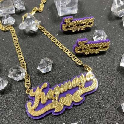Purple Acrylic with Heart Double Layer Personalized Custom Gold Plated Name Necklace And Name Stud Earring Set-silviax