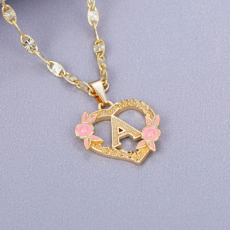 Heart Shaped Pink Enamel Flower Gold Plated Personalized Custom A-Z Initial Letter Necklace