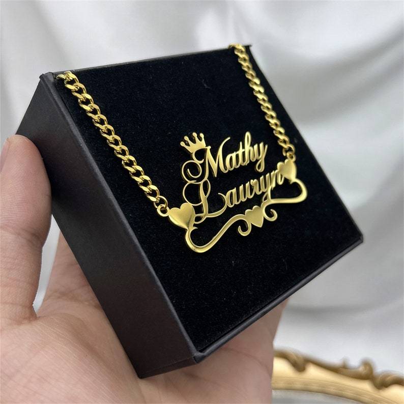 Three Heart and Crown Two Name Pendant Personalized Name Necklace-silviax