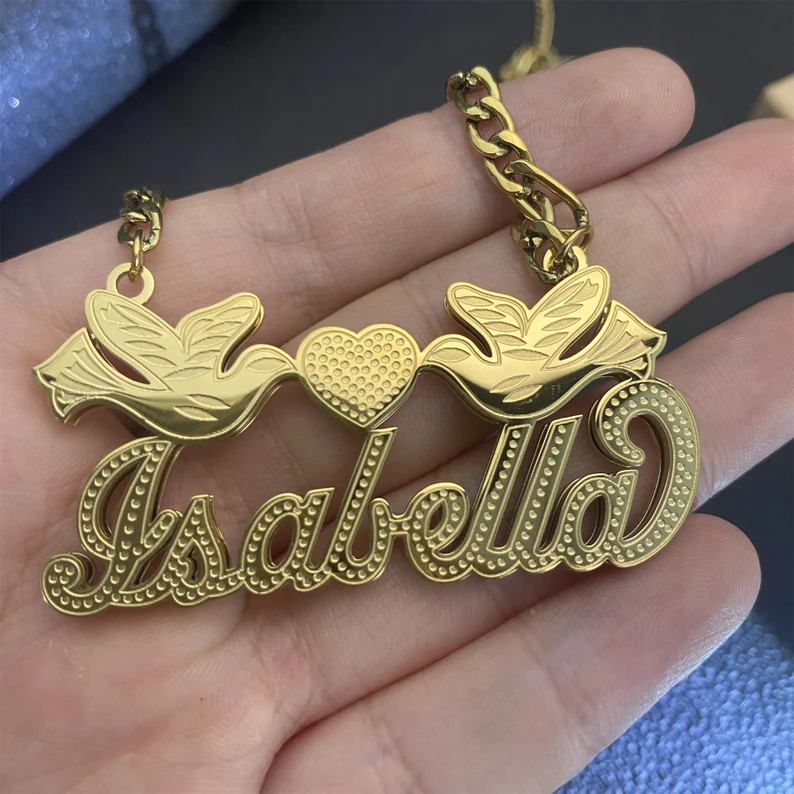 Personalized Gold Plated Double Layer Two Doves with Heart  Custom Name Necklace-silviax