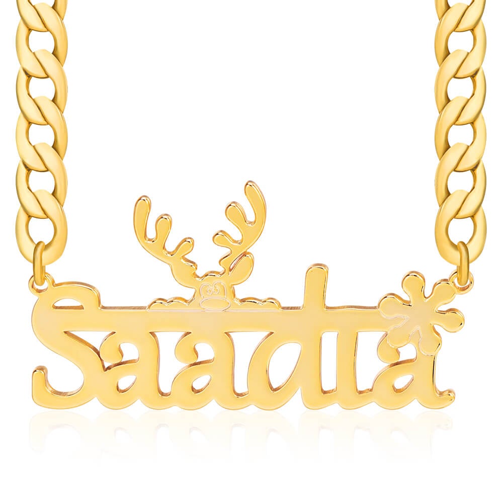 Elk And Snowflake With Cuban Chain Personalized Custom Gold Plated Name Necklace-silviax