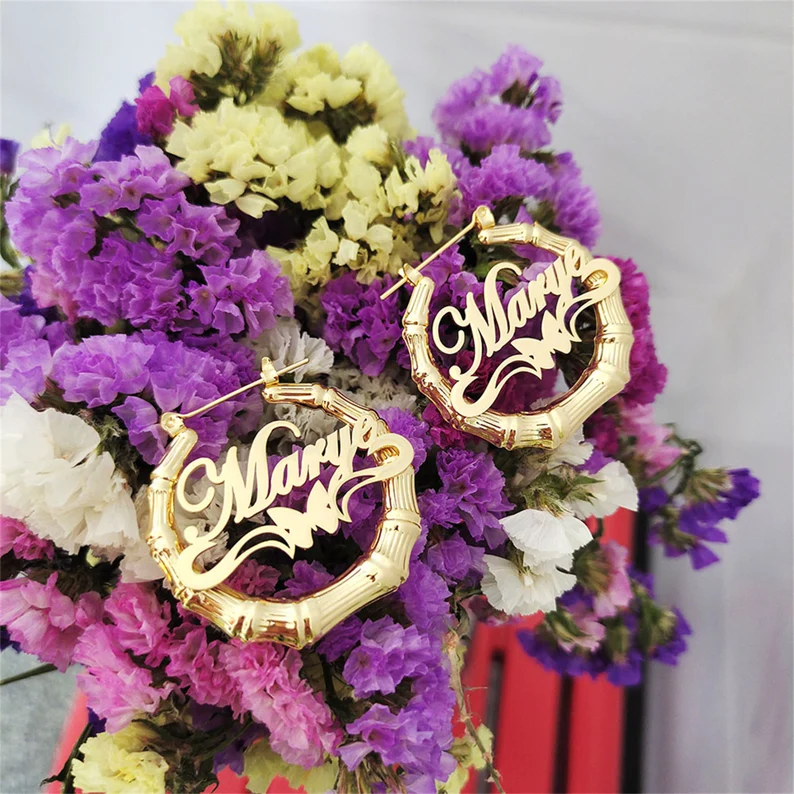 Personalized Custom Gold Plated Underline Butterfly Nameplate Bamboo Earrings-silviax