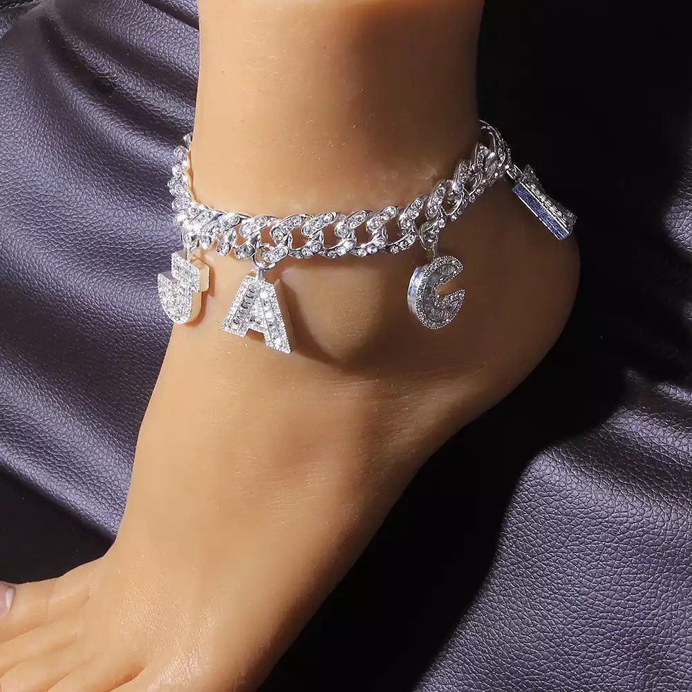 Personalized Cuban Link Iced Out Initial Letter Name Anklets-silviax