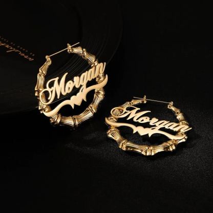 Bamboo Heart Gold Plated Personalized Custom Name Earrings-silviax