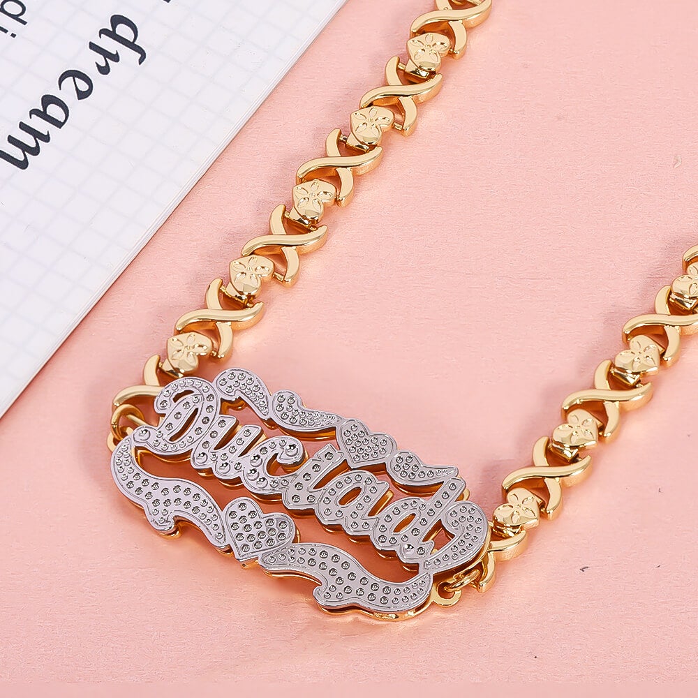 Double Layer Two Tone Heart with XOXO Heart Chain Personalized Custom Gold Plated Name Bracelet-silviax