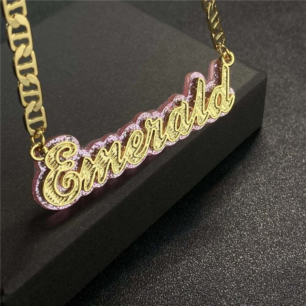 Double Layer Nameplate With Pink Acrylic Base Personalized Custom Gold Plated Name Necklace