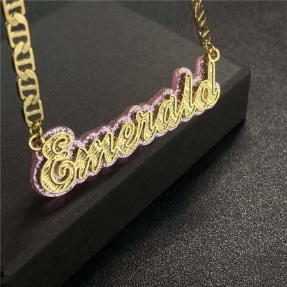 Double Layer Nameplate With Pink Acrylic Base Personalized Custom Gold Plated Name Necklace