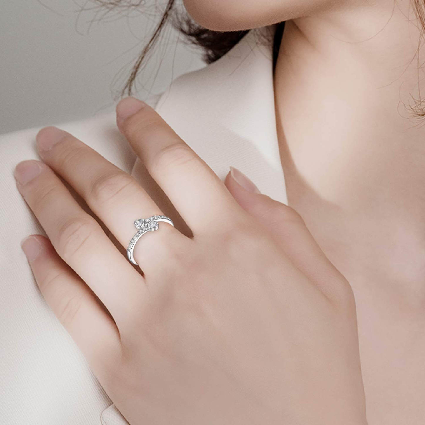 Two Hearts Together Inlaid Zircon Personalized Custom Engraved Ring-silviax