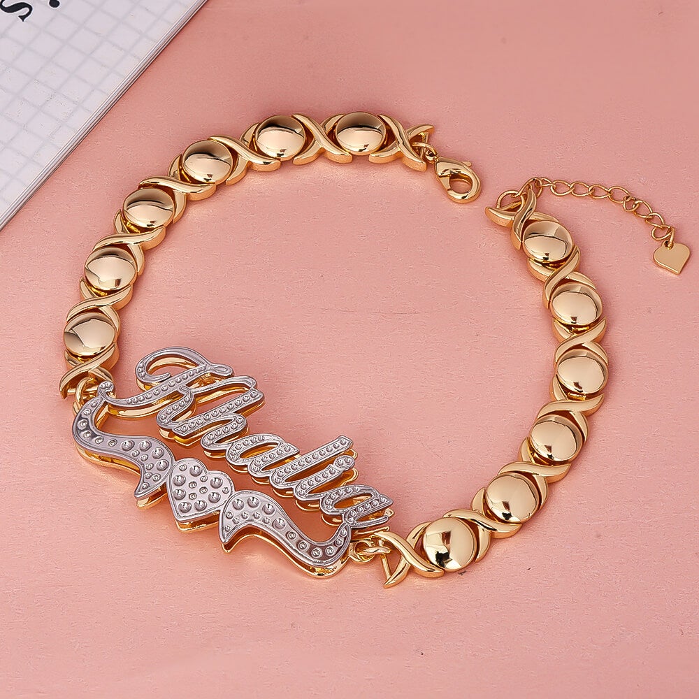 Double Layer Two Tone Heart Nameplate with XOXO Chain Personalized Custom Gold Plated Name Bracelet-silviax