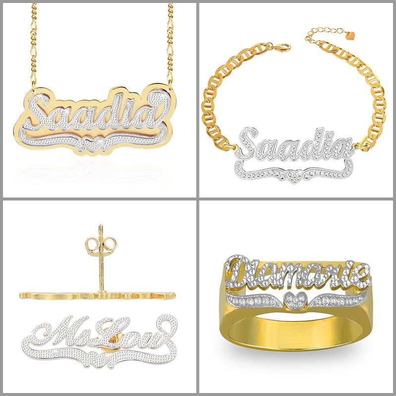 Heart Two-tone Name Ring Bracelet Earrings and Double Plate Necklace Gold Plated Custom Set-silviax