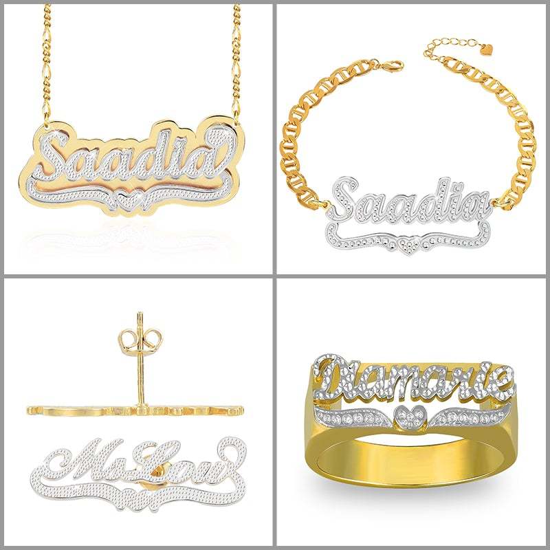 Heart Two-tone Name Ring Bracelet Earrings and Double Plate Necklace Gold Plated Custom Set-silviax