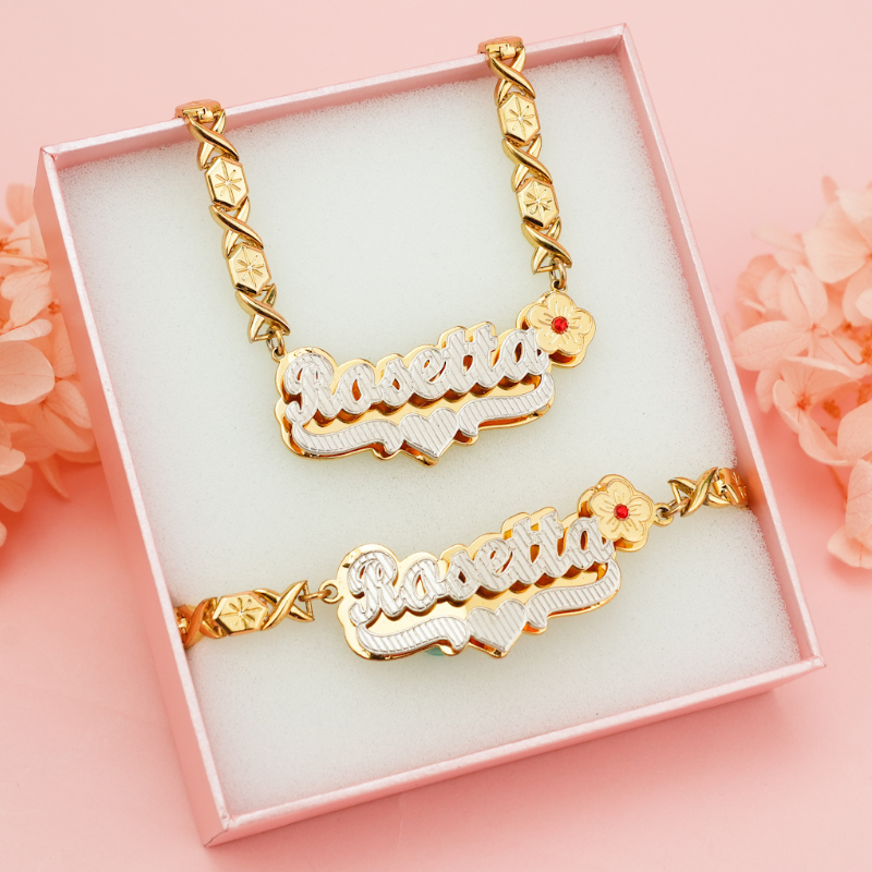 Flower Birthstone and Heart Double Plate Two Tone with XOXO Chain Personalized Custom Gold Plated Name Necklace Bracelet Set-silviax