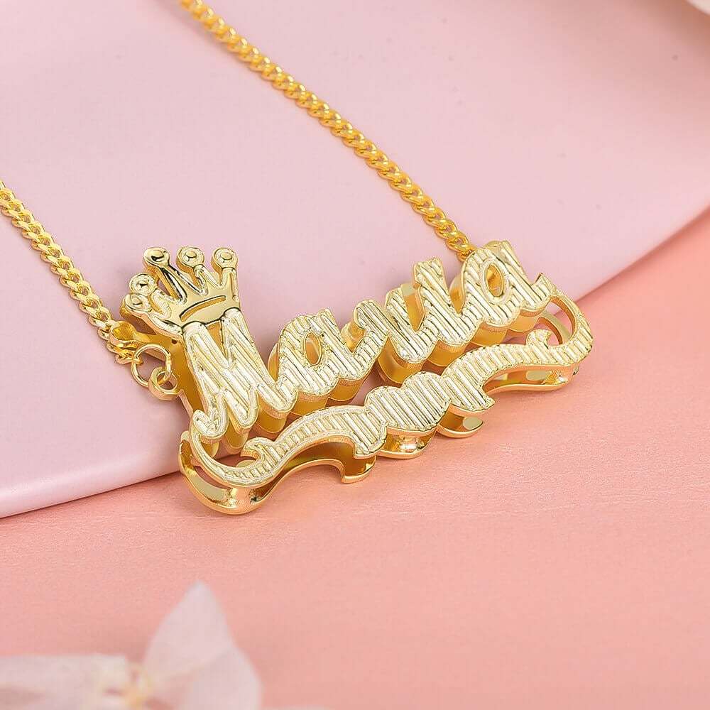 Crown Double Layer Name Necklace And Two Tone Name Bamboo Earrings Personalized Custom Gold Plated Set-silviax