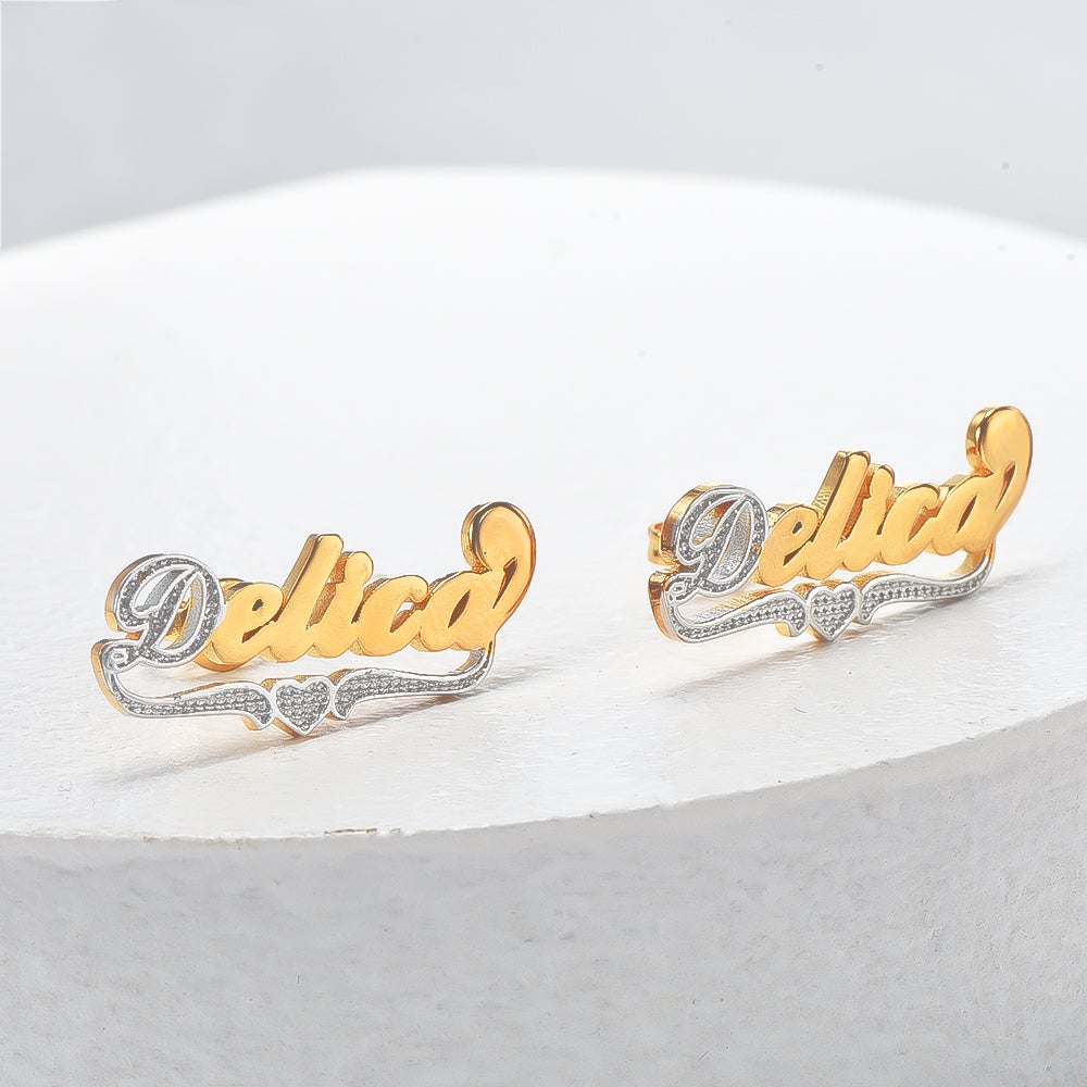 Two Tone Heart Gold Plated Personalized Custom Name Earrings-silviax